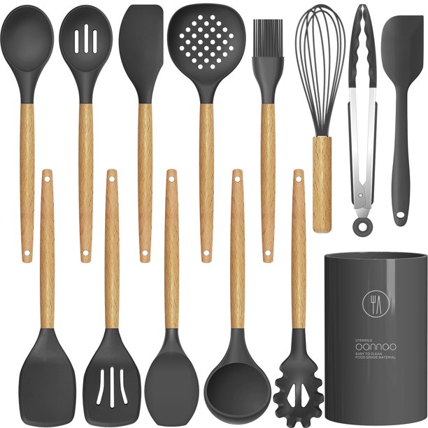 Lux Decor Collection 23 Piece Kitchen Utensil Set Nonstick Heat Resistant Stainless Steel & Nylon Cooking Items Black and Grey
