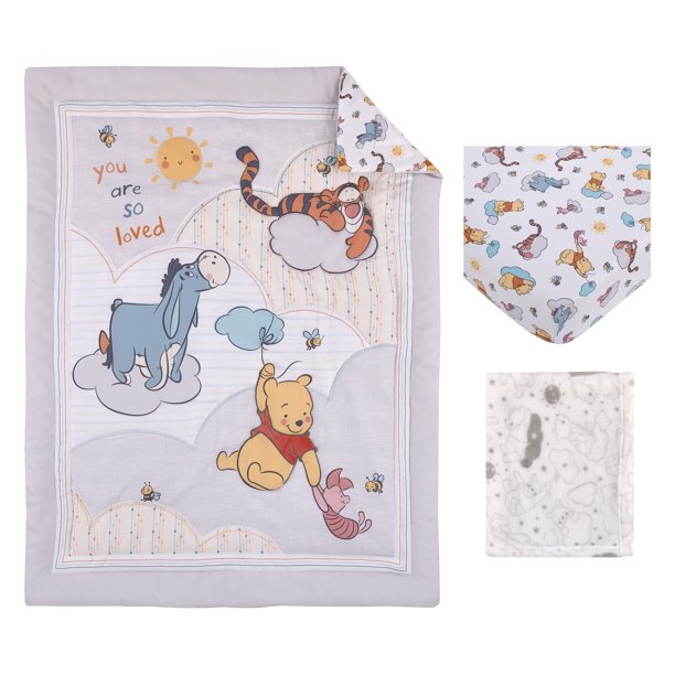 Disney Winnie the Pooh "So Loved" Crib Bedding Set, 3-Pieces, Gray, Blue, White, Unisex, Pooh, Tigger, Eeyore, Piglet