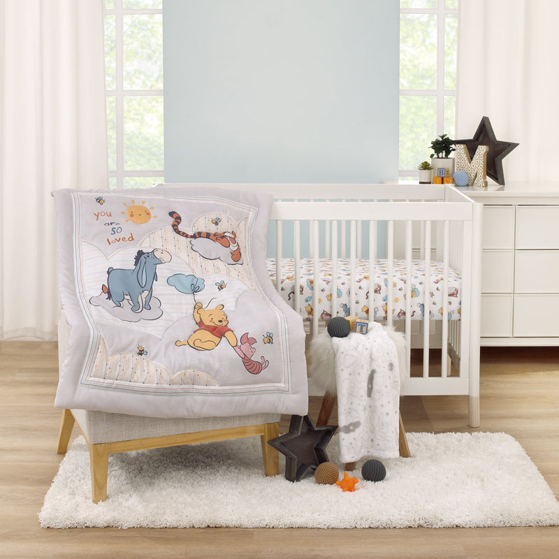 Disney Winnie the Pooh "So Loved" Crib Bedding Set, 3-Pieces, Gray, Blue, White, Unisex, Pooh, Tigger, Eeyore, Piglet