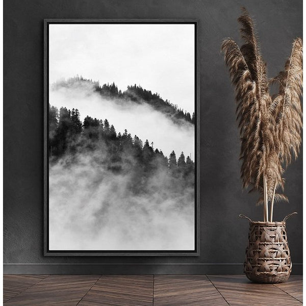 PixonSign Framed Canvas Wall Art Misty Mountain Peaks Canvas Print Nature Wilderness Photography Contemporary Black and White Art for Living Room Bedroom Office - 24x36 Black