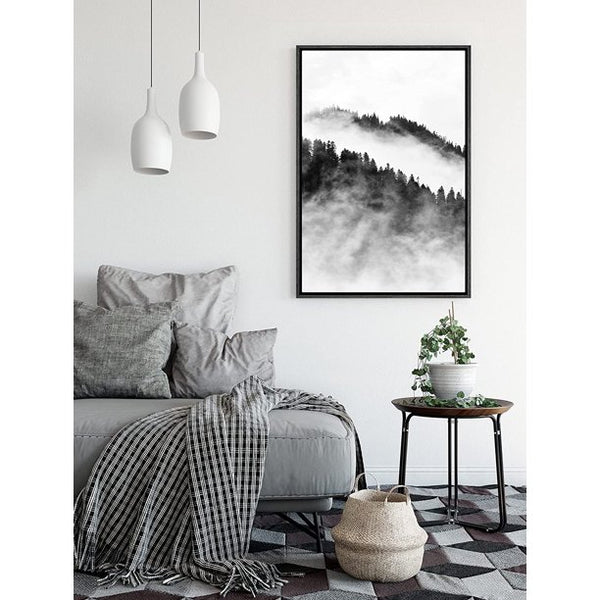 PixonSign Framed Canvas Wall Art Misty Mountain Peaks Canvas Print Nature Wilderness Photography Contemporary Black and White Art for Living Room Bedroom Office - 24x36 Black